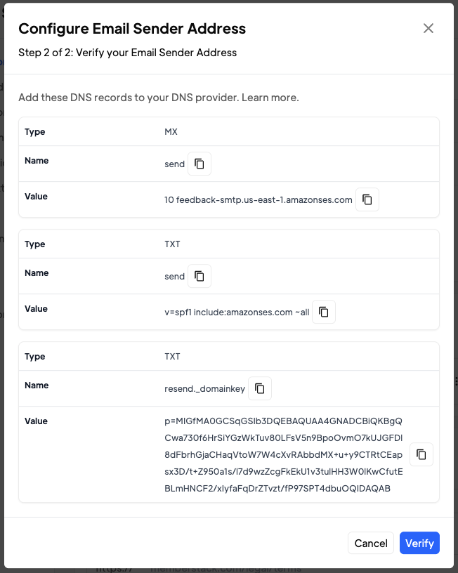 Screenshot of DNS records configuration